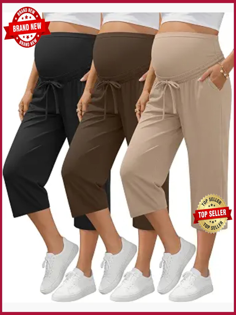 3 Pack Maternity Capri Pants Over Belly Soft Knit Stretchy Lounge Pajama With